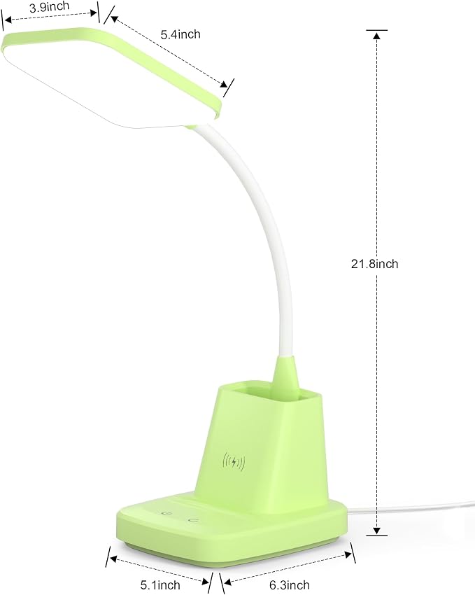 LED Desk Lamp with 10W Wireless Charging & Pen Holder, Light Green | CRI 95, 800LM, Stepless Dimming, 3 Modes, 360°Flexible Arm, Touch, Study Table Lamp for Home Office, Dorm Room, with Adapter - Image 9