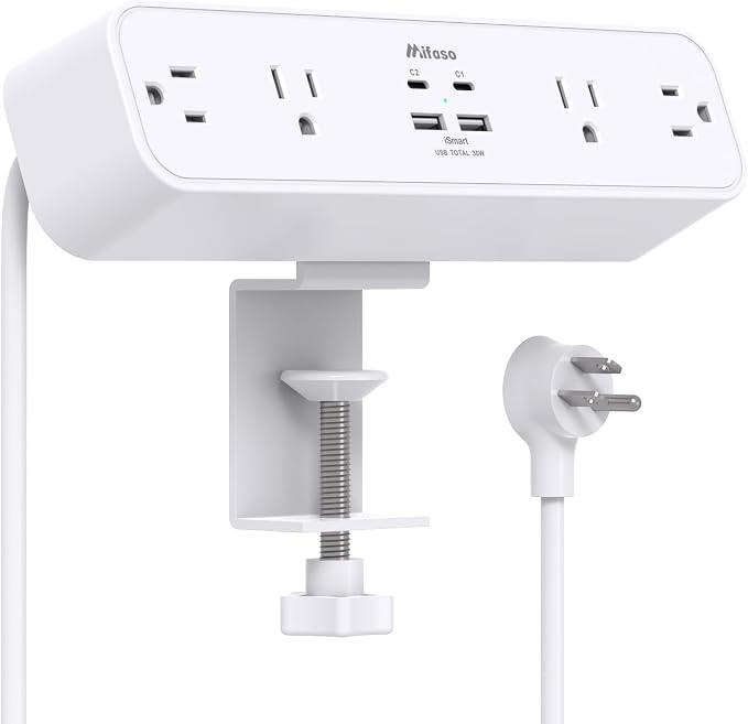 Mifaso PD30W Desk Clamp Power Strip, Surge Protector, Fast Charging Station | 4 Outlets, 4 USB (2 USB C), 5FT Extension Cord, Desk Organizer Gaming Accessories Office Essentials, Fits 1.96" Tabletop Edge by Mifaso