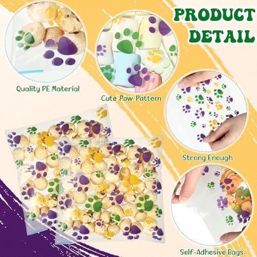 Pasimy 200 Pcs Dog Paw Treat Bags, Clear Self Adhesive Mardi Gras Color - Image 3