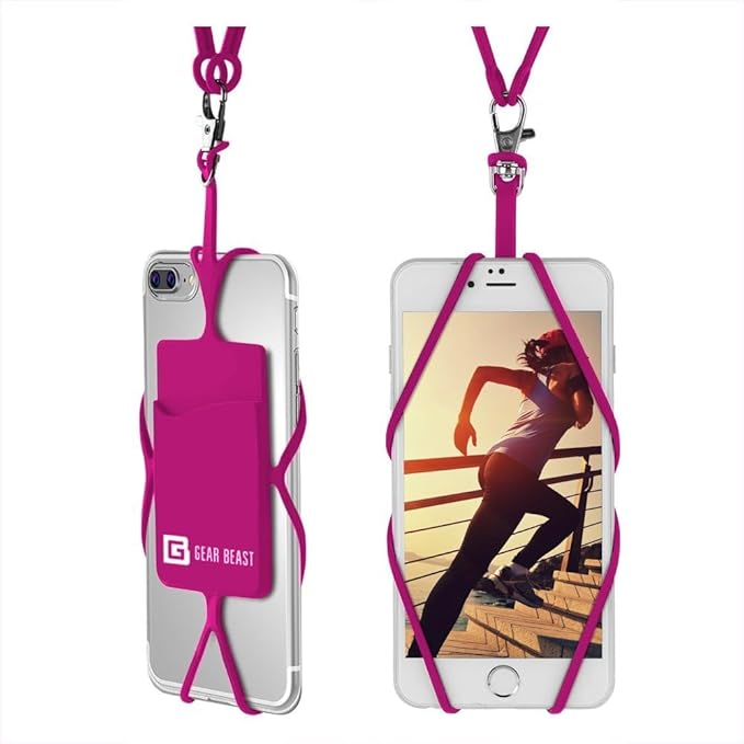 Gear Beast Cell Phone Lanyard - Universal Neck Phone Holder w/Card Pocket and Silicone Neck Strap - Compatible with Most Smartphones, Hot Pink by GearBeast