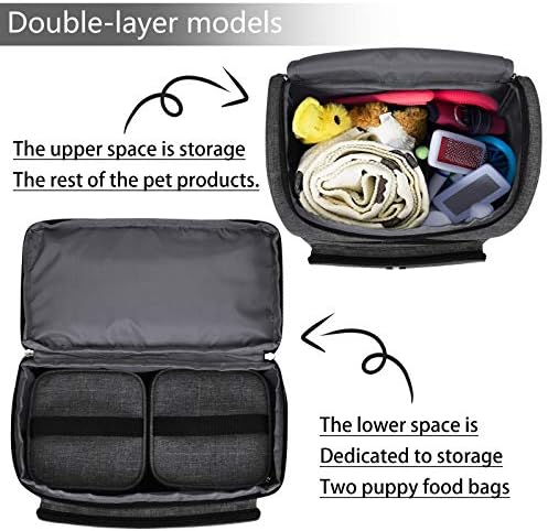 BAGLHER Pet Travel Bag, Double-Layer Pet Supplies Backpack (for All Pet Travel Supplies), Pet Travel Backpack with 2 Silicone Collapsible Bowls and 2 Food Baskets Grey - Image 6