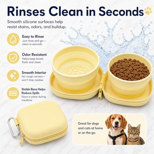Portable Dog Bowl, Collapsible 2-in-1 Travel Dog Bowls with Carabiner Clip, Silicone Double Pet Food and Water Dish for Outdoor Camping and Hiking (Yellow) - Image 4