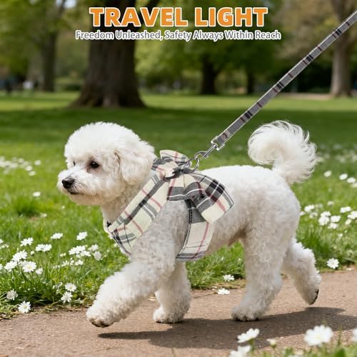 KOOLTAIL Small Dog Harness and Leash Set, Cute Puppy Vest Harnesses with Bowtie, Step in No Pull Soft Mesh Padded Adjustable Plaid Pet Harness for Extra-Samll Medium Dogs Cats, Boy Girl, XS-M, Beige S - Image 6