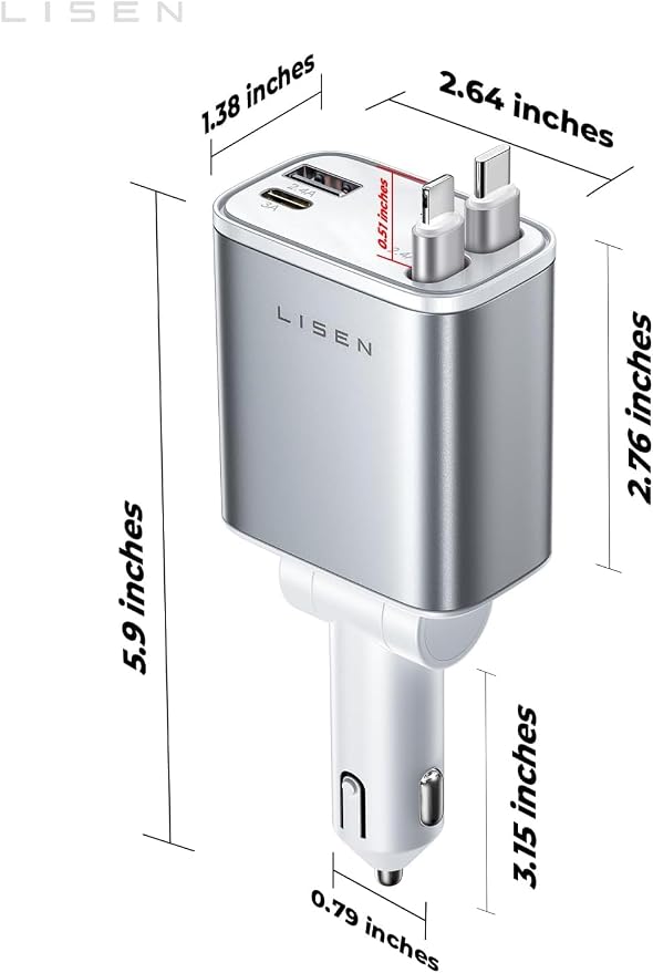 LISEN Retractable Car Charger for iPhone, for iPhone 17 Pro Max 16 15 14 13 12 Plus Mini, Cute 4 in 1 Retractable USB C Car Charger Fast Chareg for Women Men, 84W Fast Charging Car Accessorie | Multiple Ports Car Charger, Retractable Car Charger Fast C... - Image 9