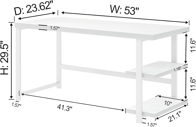 EXCEFUR White Computer Desk, Modern Home Office Desk with Storage Shelf, Wood and Metal Writing Study Table for Living Room Bedroom, 53 Inch - Image 2