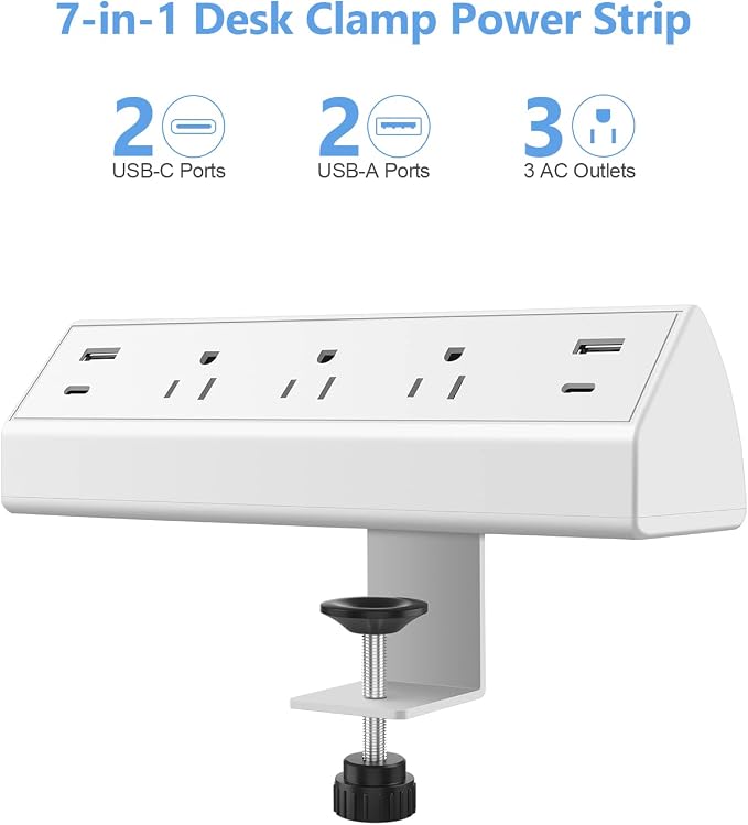 Jgstkcity Desk Clamp Power Strip,40W Total Fast Charging Station,2 PD 20W USB C Ports,Desk Edge Mount Surge Protector for Home, Office,3 Outlets,Fit 1.96" Tabletop Edge,ETL Listed,White | 2 PD 20W USB C Ports, 3 Outlets, Desk Edge Mount, Fit 1.96" Tabl... - Image 2