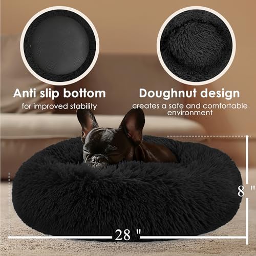 28in Large Dog Bed, Calming Donut Bed for Puppy and Kitten (Black) - Image 3