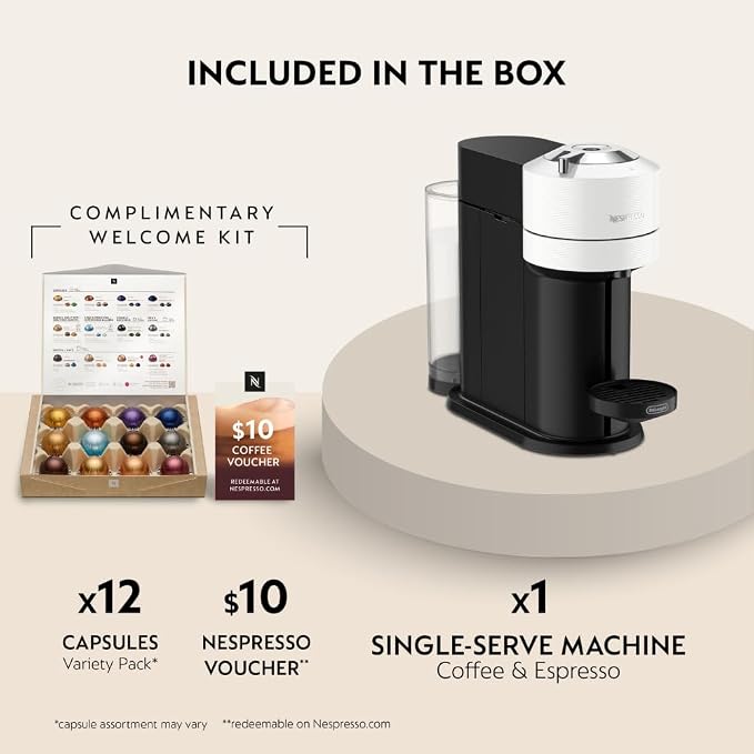 Nespresso Vertuo Next Coffee and Espresso Maker by De'Longhi, White | White coffee machine with slim, sustainable design. Brews 6 cup sizes, espresso to 18 oz., all topped with crema. - Image 3