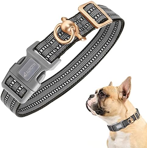 Auroth Dog Collar for Medium Large Dogs, Reflective Dog Collar, Soft Nylon Adjustable Dog Collars with Heavy Duty Metal D Ring Tangle Free (Medium:12"-19.6", Grey) by AurothPets
