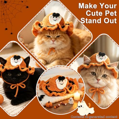 Ghost Cat Hat, Cotton & Soft Cute Knitted Hats for Cats Birthday Party Halloween Christmas Spring Puppy Hat for Small Pets (Orange,M) - Image 2