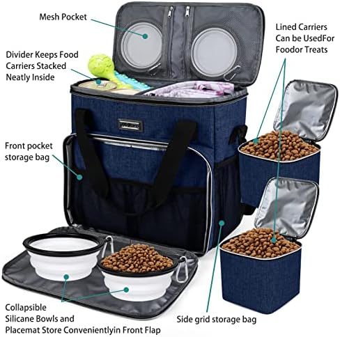 BAGLHER Dog Travel Bag, Pet Travel Bag (ALL Pet Travel Supplies), With 2 Pet Food Containers and 2 Collapsible Silicone Bowls; Essential Kits for Pet Travel Dark Blue - Image 5