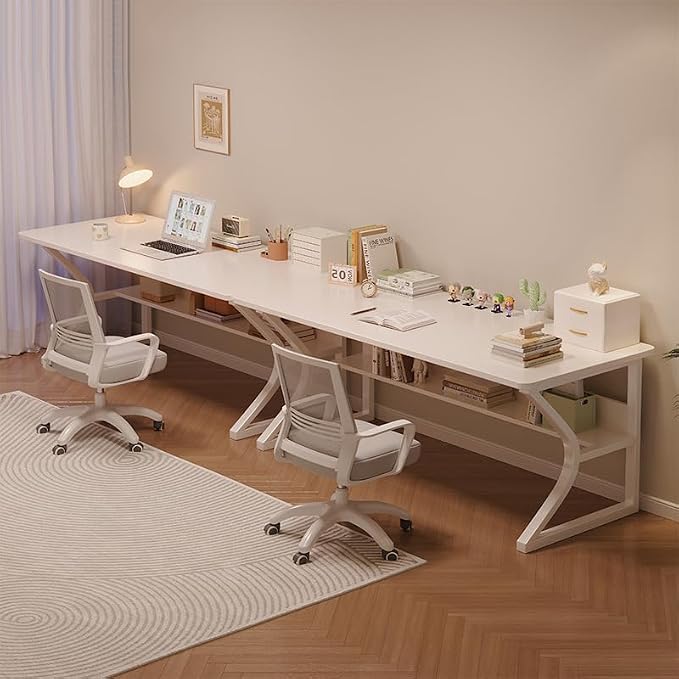 OSCHF 63-Inch Extra Long Desk with Storage Shelf, Warm White | Double Long Writing Table, Space-saving, 2-Person Workstation, Modern Study Work Computer Desk, For Home Office - Image 5