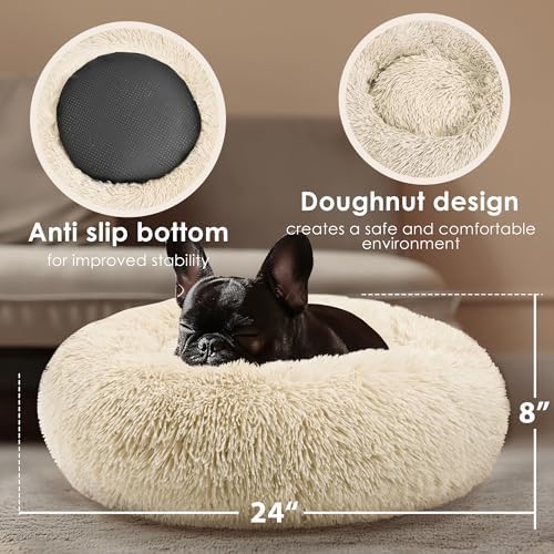 Dogs Bed for Small Dogs, Anti-Anxiety Washable Round Bed (24in Light Brown) - Image 3
