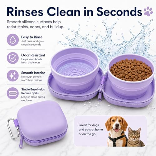 Portable Dog Bowl, Collapsible 2-in-1 Travel Dog Bowls with Carabiner Clip, Silicone Double Pet Food and Water Dish for Outdoor Camping and Hiking (Purple) - Image 4