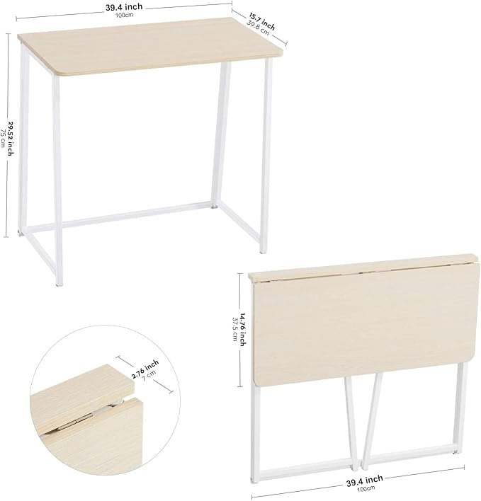 WOHOMO Folding Desk, 39.4" Foldable Computer Table for Small Spaces, Oak | Easy Assembly and Fold, Sturdy Home office desks for Study Bedroom Dorm Space Saving Writing Work Apartment - Image 3