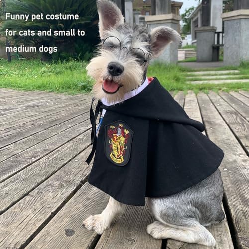 ANIAC 3PCS Halloween Dog Costume Cat Wizard Cape Glasses and Necktie Set Halloween Puppy Outfit Pet Academy Magician Cosplay Apparel for Kitten Cat Small Dogs (Black+Red, Small) - Image 2