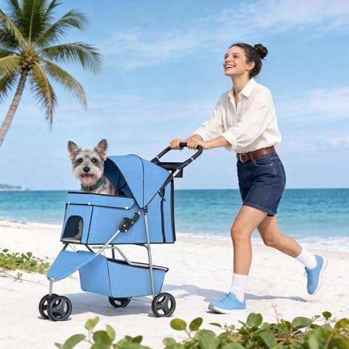 BestPet | 3-Wheel Pet Stroller | Blue | Foldable Dog and Cat Stroller - Image 2