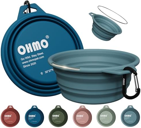 OHMO Large Collapsible Dog Bowls, Steel Rim, 27oz, 2pcs, Dark&Light Blue by OHMO