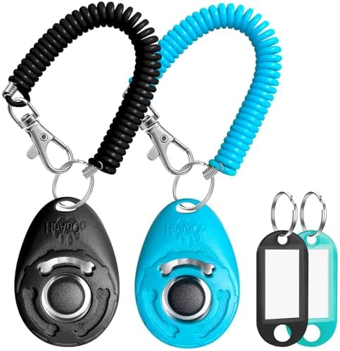 Dog Training Clicker with Sring Wrist and Keyring - Pet Dog Training Clickers for Puppy, Cat, Potty, Bird, Horse, Pet, Trainer Training Tools, Behavior Aids (2 Clickers + 2 Name Tags) by HoAoOo