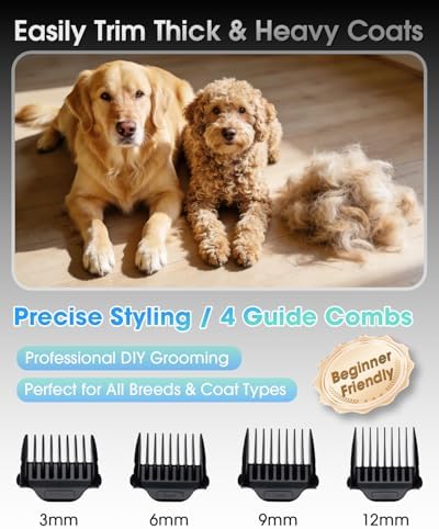 M&M STAR Dog Grooming Kit, Low Noise Dog Clippers, 2-Speed IPX7 Waterproof, Rechargeable Cordless Pet Hair Clippers Trimmer Shaver with LED Display for Dogs and Cats, Gold - Image 6