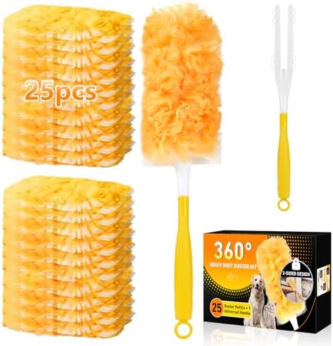 360° Duster Refills Kit for Swiffer Duster, 25 Pack & 1 Handle, Multi-Surface Dusters with 4X Cleaning Power. Efficient Duster Kit for Cleaning Pet Home, Office, Blinds, Furniture and More by Rokkibom