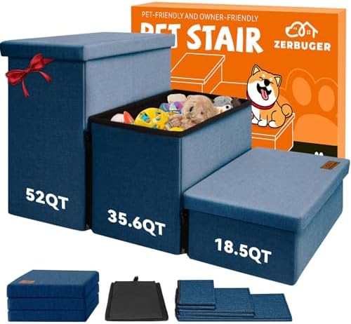 Zerbuger Dog Stairs with Storage, Navy Blue 3 Steps Dog Ramp no Condo by Zerbuger