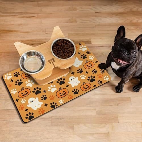 Halloween Dog Food & Water Mat, Orange Pumpkin Ghost Paw Prints Pet Feeding Mat for Floor Non-Slip Waterproof, Super Absorbent Cat Bowl Mat, Easy to Clean Pet Placemat,16" × 24" - Image 2