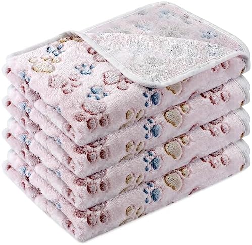 Tatuo 4 Pcs Fleece Dog Blankets for Puppy Cat, Beige, 30 x 20.5 in, Paw by Tatuo