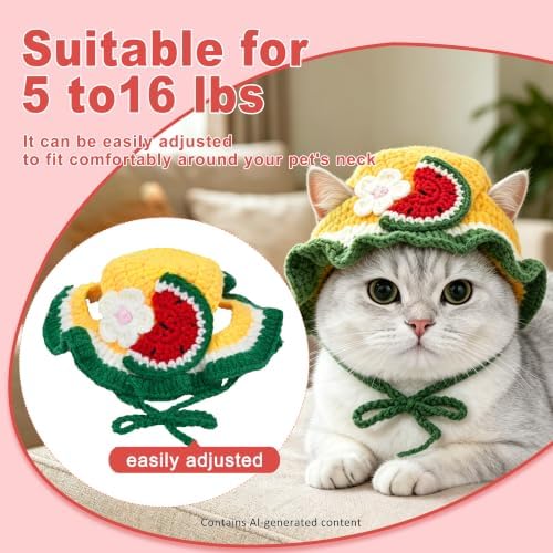 Watermelon Cat Hat, Cotton & Soft Cute Knitted Hats for Cats Birthday Party Spring Christmas Puppy Hat for Small Pets (Green,M) - Image 4