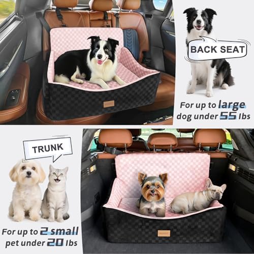 JOEJOY Dog Car Seat for Medium/Large Dogs - Reversible Dual-Sided Travel Dog Car Bed with Memory Foam, Washable Pet Booster Seat for Dogs up to 55 lbs or 2 Small Dogs, 2 Safety Leashes, Pink - Image 6