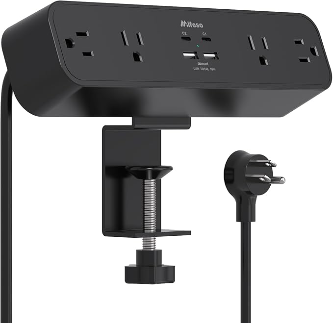 Mifaso PD30W Desk Clamp Power Strip, Surge Protector, Fast Charging Station | 4 Outlets, 4USB (2USBC), Desk Organizer Gaming Accessories Office Essentials, 5FT Cord, Fits 1.96" Tabletop Edge Shelf, Black by Mifaso