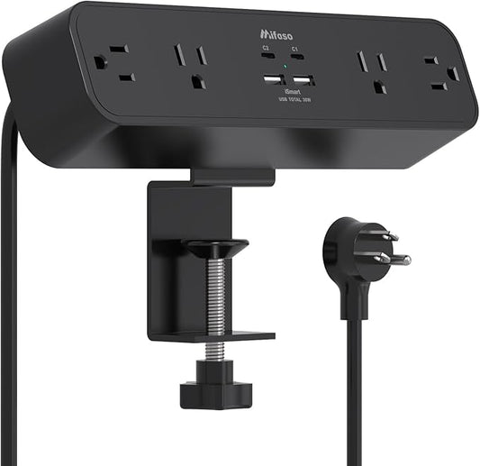Mifaso PD30W Desk Clamp Power Strip, Surge Protector, Fast Charging Station | 4 Outlets, 4USB (2USBC), Desk Organizer Gaming Accessories Office Essentials, 5FT Cord, Fits 1.96" Tabletop Edge Shelf, Black by Mifaso