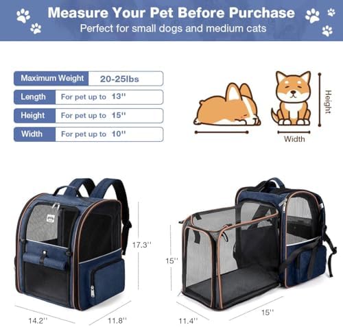 Extra Large Cat Backpack Carrier Expandable Pet Carrier Backpack for Small Dogs Medium Cats Fit Up to 18 Lbs, Dog Backpack Carrier, Foldable Puppy Backpack Carrier for Travel, Hiking,Blue - Image 2