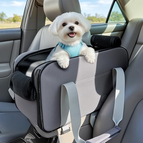 PETSFIT Multipurpose Center Console Dog Car Seat, Airline Approved Dog Car Carrier with Safety Tether and Pockets, Portable Cat Car Seat, Dog Car Seats for Small Dogs, Cats Up to 9 LBS (Deep Grey) by Petsfit