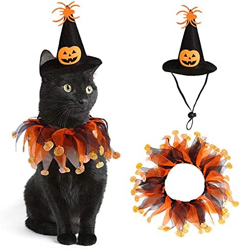 Cat Witch Halloween Costume Suit, Hmxpls Small Dogs & Cats Tutu Collar and Witch Pumpkin Hat Cute Costume Suit Kitten Outfit Clothing for Birthday Party Thanksgiving Christmas Holiday by Hmxpls