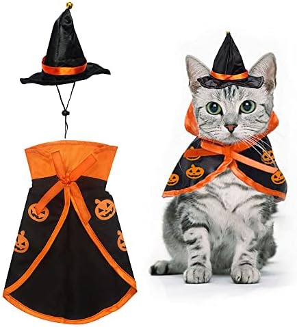Halloween Cat Costume Cloak Witch Hat Pet Accessories Halloween Adjustable Pumpkin Pet Costumes Clothes Set, Halloween pet Costume Decor Cloak for Cats Dogs Puppy Halloween Carnival Party Supplies by On-Airstore