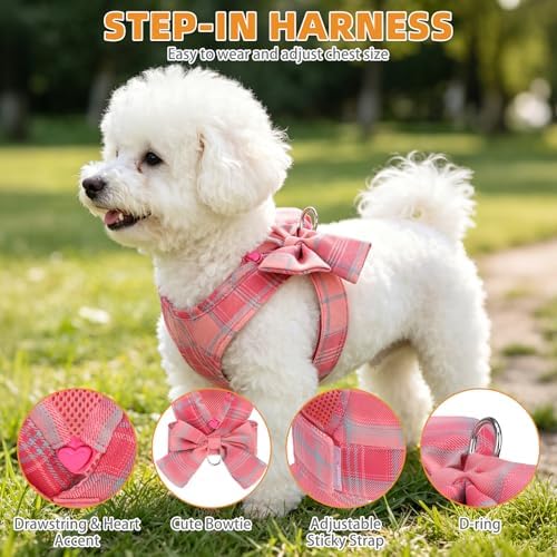 KOOLTAIL Small Dog Harness and Leash Set, Cute Puppy Vest Harnesses with Bowtie, Step in No Pull Soft Mesh Padded Adjustable Plaid Pet Harness for Extra-Samll Medium Dogs Cats, Boy Girl, Pink XS-M - Image 4