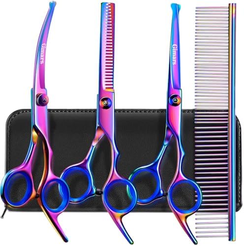 Gimars Dog Grooming Scissors Kit Professional 4CR with Safety Round Tip, 5 in 1 Heavy Duty Titanium Coated Thinning & Curved & Straight Shears by Gimars