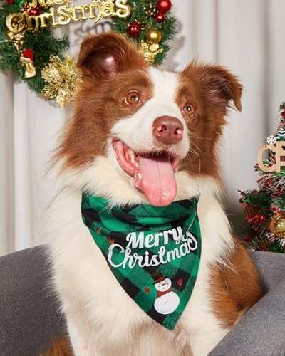 Christmas Dog Bandanas Classic Plaid Triangle Holiday Scarf with Santa and Snowman Print,Winter Pet Outfit for Boy and Girl Dogs,Red Green Plaid Dog Costume for Medium to Large Dogs - Image 6