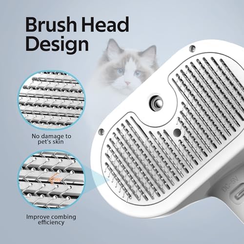 Pet Grooming Brush with Electronic Mist Spray - Gentle Deshedding Tool for Cats & Dogs, Pet Steam Brush，Reduces Shedding, Soft Bristles, Promotes Healthy Coat-Comes with a hair smoothing comb-White - Image 3