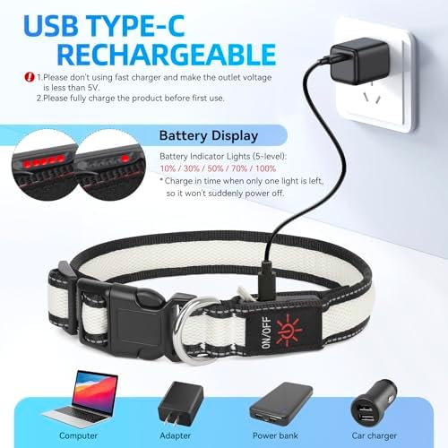 Flashseen LED Dog Collar, Light Up Dog Collar USB Rechargeable (White, Medium) - Image 6