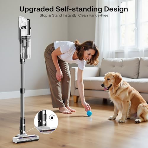 Trucozie Cordless Vacuum Cleaner, Self-Standing Lightweight Stick Vacuum with 50 mins Runtime, Powerful Suction, Anti-Tangle Wireless Vacuum for Home, Hardwood Floor, Carpet, Pet Hair, White - Image 2