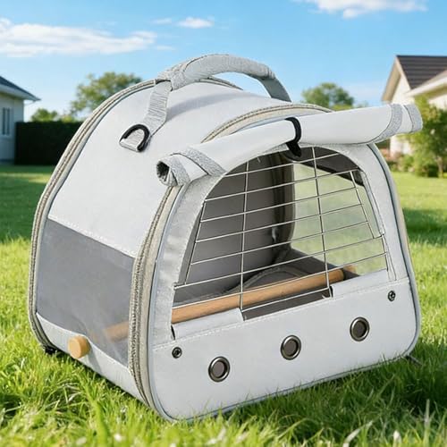 Bird Travel Carrier Cage, with Stainless Steel Metal Window and Wood Perch, Portable Bag for Cockatiel Parakeet Conure Green Cheek Budgie (Grey, Steel Window) - Image 4
