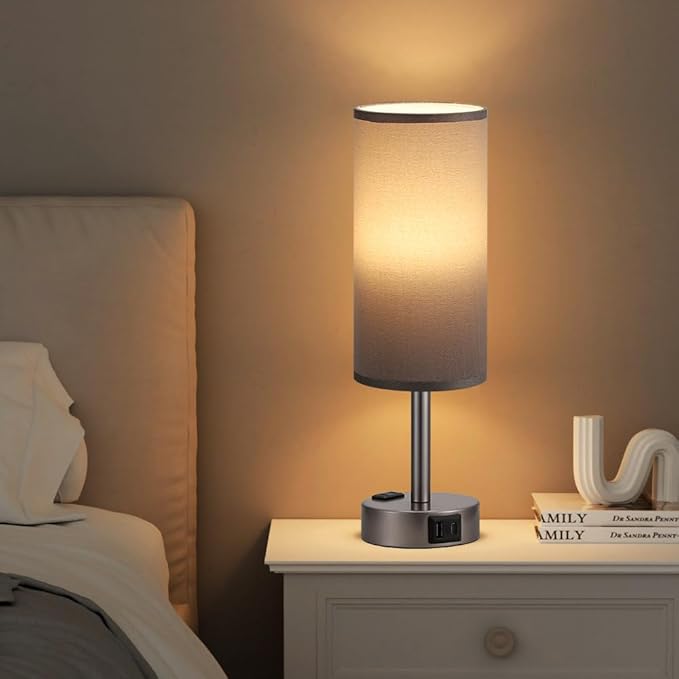 Fenmzee Grey Bedside Table Lamp for Bedroom - 3 Way Dimmable Touch Lamp USB C Charging Ports and AC Outlet, Small Lamp for Living Room, Desk, LED Bulb Included - Image 6
