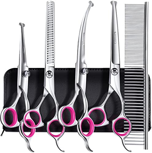 Gimars Professional 4CR Stainless Steel 6 in 1 Grooming Scissors for Dogs with Safety Round Tip, Heavy Duty Titanium Coated Pet Grooming Scissor for Dogs, Cats and Other Animals by Gimars