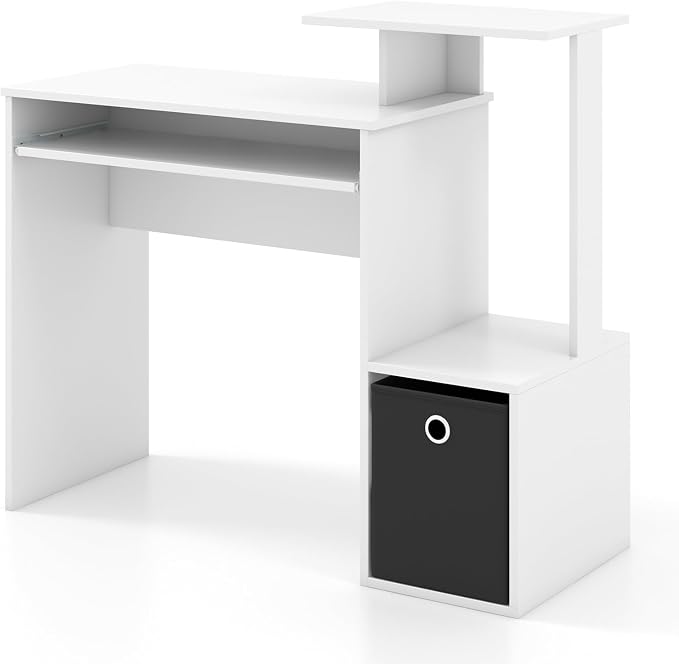 Tangkula Computer Desk with Fabric Drawer & Keyboard Tray, Space-Saving Study Writing Desk with Open Storage Shelves & Printer Stand, Modern Home Office Computer Workstation for Small Spaces (White) - Image 9