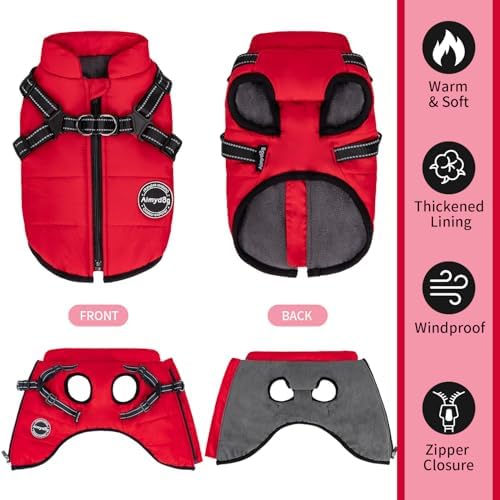Dog Winter Coat, Warm Dog Jacket Reflective Adjustable Fleece Vest with Harness Built in, Windproof Pet Snow Jacket Snowsuit with Zipper for Small Medium Dogs, Red XS - Image 4