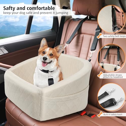 NEEZUKAR Dog Car Seat for Small Medium Dogs,Detachable Washable Dog Booster Seat Under 30lbs, Pet Car Seat Travel Bed with Storage Pockets and Dog Safety Belt (White) - Image 4