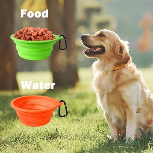 PetBonus 2-Pack Silicone Collapsible Dog Bowls, BPA Free Dishwasher Safe, Portable Foldable Expandable Travel Bowl, Food Water Feeding Cup Dish for Dogs Cats with 2 Carabiners (Green, Orange) - Image 4