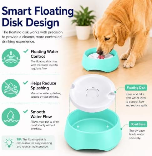 Green No Spill Dog Water Bowl, Pet Floating Water Bowl No Wet Mouth, Anti Splash & Anti Tip Slow Water Feeder, Keeps Fur Dry Clean Drinking Bowl for Dogs & Cats, Large Capacity Travel Friendly - Image 4